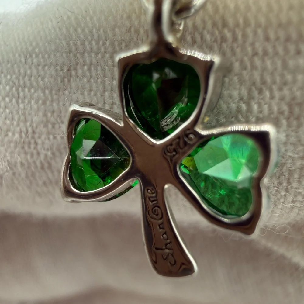 Shan Gre 925 Silver & Green Glass 3 Leaf Clover Drop Earrings - Picture 6 of 9